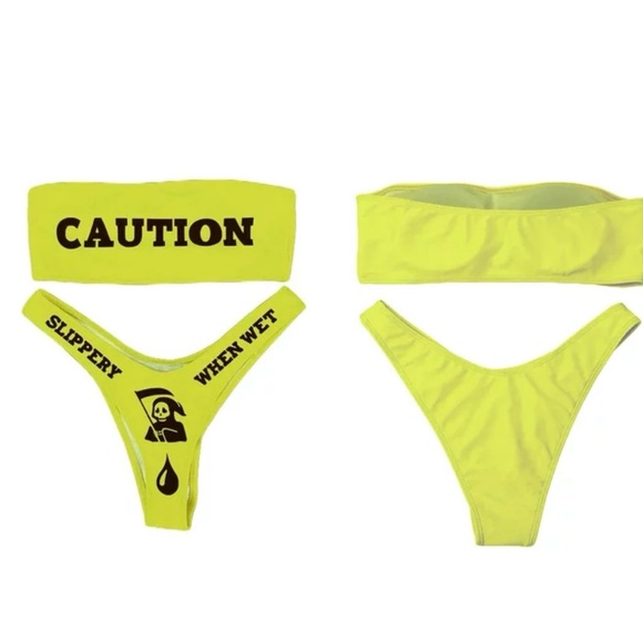 Caution "Slippery When Wet" Yellow Bandeau High Cut Bikini Set - Picture 2 of 10